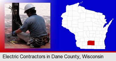 an electrician wearing a tool belt, installing electrical wiring; Dane County highlighted in red on a map