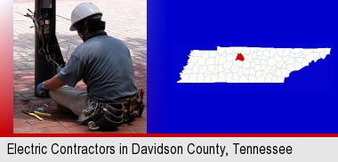 an electrician wearing a tool belt, installing electrical wiring; Davidson County highlighted in red on a map