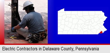 an electrician wearing a tool belt, installing electrical wiring; Delaware County highlighted in red on a map