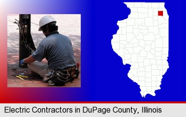 an electrician wearing a tool belt, installing electrical wiring; DuPage County highlighted in red on a map