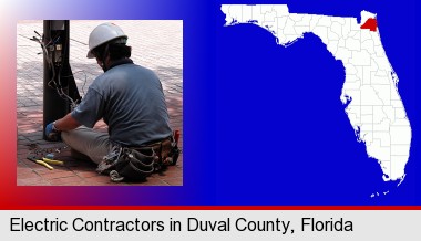 an electrician wearing a tool belt, installing electrical wiring; Duval County highlighted in red on a map