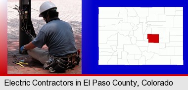 an electrician wearing a tool belt, installing electrical wiring; Elbert County highlighted in red on a map