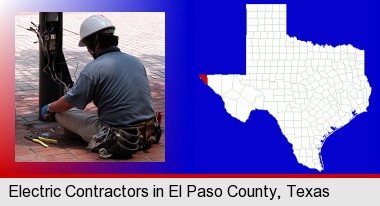 an electrician wearing a tool belt, installing electrical wiring; El Paso County highlighted in red on a map