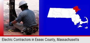 an electrician wearing a tool belt, installing electrical wiring; Essex County highlighted in red on a map