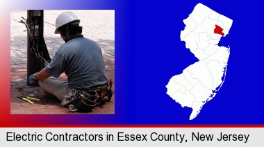 an electrician wearing a tool belt, installing electrical wiring; Essex County highlighted in red on a map