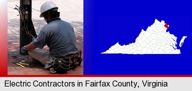an electrician wearing a tool belt, installing electrical wiring; Fairfax County highlighted in red on a map