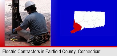 an electrician wearing a tool belt, installing electrical wiring; Fairfield County highlighted in red on a map