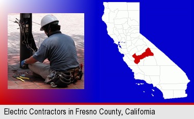 an electrician wearing a tool belt, installing electrical wiring; Fresno County highlighted in red on a map