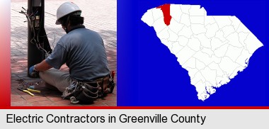 an electrician wearing a tool belt, installing electrical wiring; Greenville County highlighted in red on a map