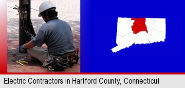 an electrician wearing a tool belt, installing electrical wiring; Hartford County highlighted in red on a map