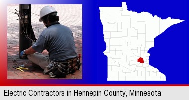 an electrician wearing a tool belt, installing electrical wiring; Hennepin County highlighted in red on a map