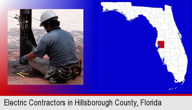 an electrician wearing a tool belt, installing electrical wiring; Hillsborough County highlighted in red on a map