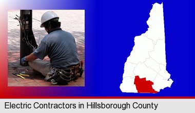 an electrician wearing a tool belt, installing electrical wiring; Hillsborough County highlighted in red on a map
