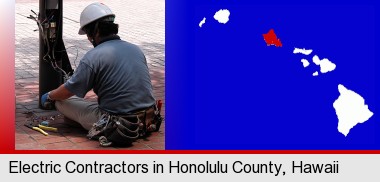 an electrician wearing a tool belt, installing electrical wiring; Honolulu County highlighted in red on a map