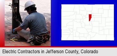 an electrician wearing a tool belt, installing electrical wiring; Jefferson County highlighted in red on a map