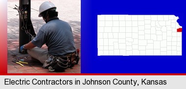 an electrician wearing a tool belt, installing electrical wiring; Johnson County highlighted in red on a map