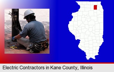an electrician wearing a tool belt, installing electrical wiring; Kane County highlighted in red on a map