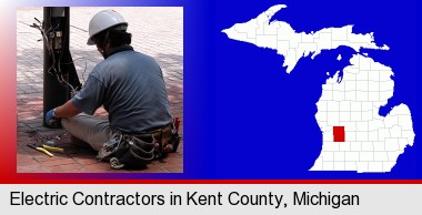 an electrician wearing a tool belt, installing electrical wiring; Kent County highlighted in red on a map