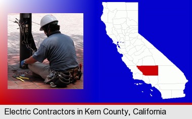 an electrician wearing a tool belt, installing electrical wiring; Kern County highlighted in red on a map