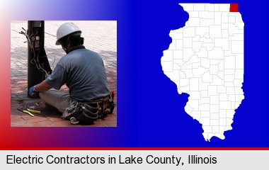 an electrician wearing a tool belt, installing electrical wiring; LaSalle County highlighted in red on a map