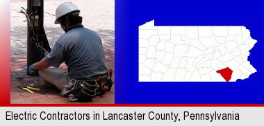 an electrician wearing a tool belt, installing electrical wiring; Lancaster County highlighted in red on a map