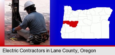 an electrician wearing a tool belt, installing electrical wiring; Lane County highlighted in red on a map