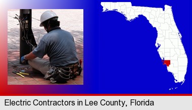 an electrician wearing a tool belt, installing electrical wiring; Lee County highlighted in red on a map