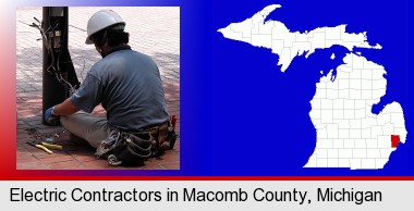 an electrician wearing a tool belt, installing electrical wiring; Macomb County highlighted in red on a map