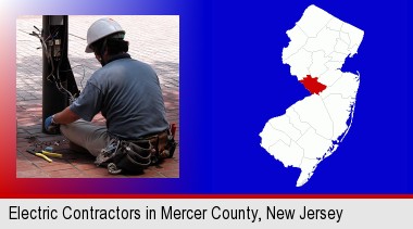 an electrician wearing a tool belt, installing electrical wiring; Mercer County highlighted in red on a map