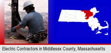 an electrician wearing a tool belt, installing electrical wiring; Middlesex County highlighted in red on a map