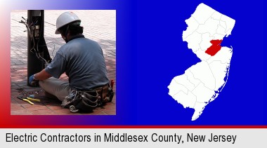 an electrician wearing a tool belt, installing electrical wiring; Middlesex County highlighted in red on a map