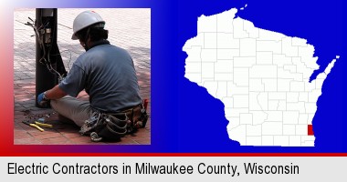 an electrician wearing a tool belt, installing electrical wiring; Milwaukee County highlighted in red on a map