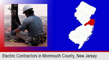 an electrician wearing a tool belt, installing electrical wiring; Monmouth County highlighted in red on a map