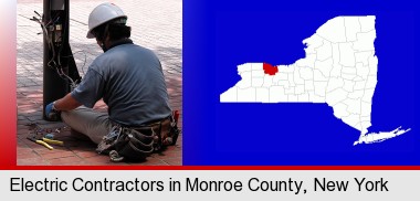 an electrician wearing a tool belt, installing electrical wiring; Monroe County highlighted in red on a map