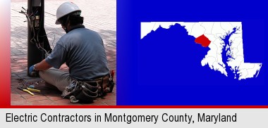 an electrician wearing a tool belt, installing electrical wiring; Montgomery County highlighted in red on a map