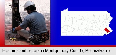 an electrician wearing a tool belt, installing electrical wiring; Montgomery County highlighted in red on a map
