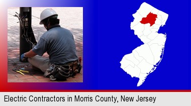 an electrician wearing a tool belt, installing electrical wiring; Morris County highlighted in red on a map