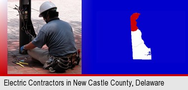 an electrician wearing a tool belt, installing electrical wiring; New Castle County highlighted in red on a map