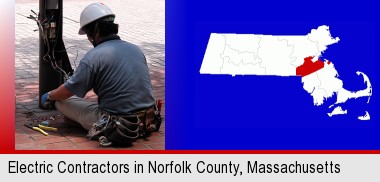 an electrician wearing a tool belt, installing electrical wiring; Norfolk County highlighted in red on a map