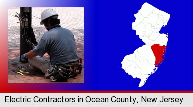 an electrician wearing a tool belt, installing electrical wiring; Ocean County highlighted in red on a map