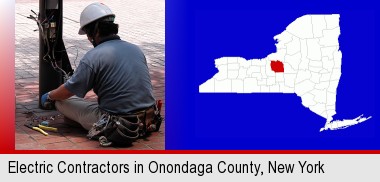 an electrician wearing a tool belt, installing electrical wiring; Onondaga County highlighted in red on a map