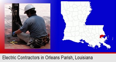 an electrician wearing a tool belt, installing electrical wiring; Orleans Parish highlighted in red on a map