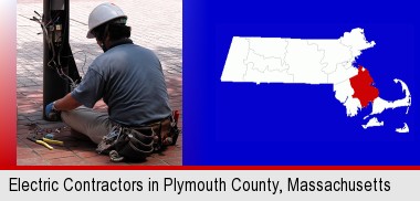 an electrician wearing a tool belt, installing electrical wiring; Plymouth County highlighted in red on a map