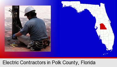 an electrician wearing a tool belt, installing electrical wiring; Polk County highlighted in red on a map