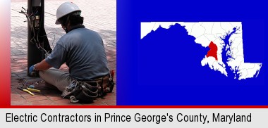 an electrician wearing a tool belt, installing electrical wiring; Prince George's County highlighted in red on a map