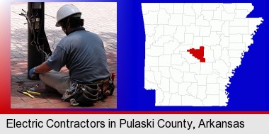 an electrician wearing a tool belt, installing electrical wiring; Pulaski County highlighted in red on a map