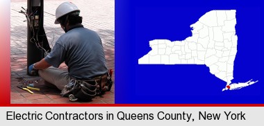 an electrician wearing a tool belt, installing electrical wiring; Queens County highlighted in red on a map
