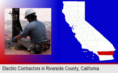 an electrician wearing a tool belt, installing electrical wiring; Riverside County highlighted in red on a map
