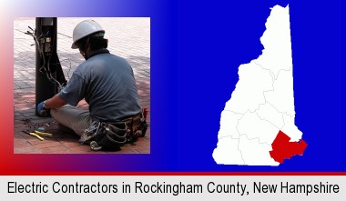 an electrician wearing a tool belt, installing electrical wiring; Rockingham County highlighted in red on a map