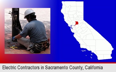 an electrician wearing a tool belt, installing electrical wiring; Sacramento County highlighted in red on a map